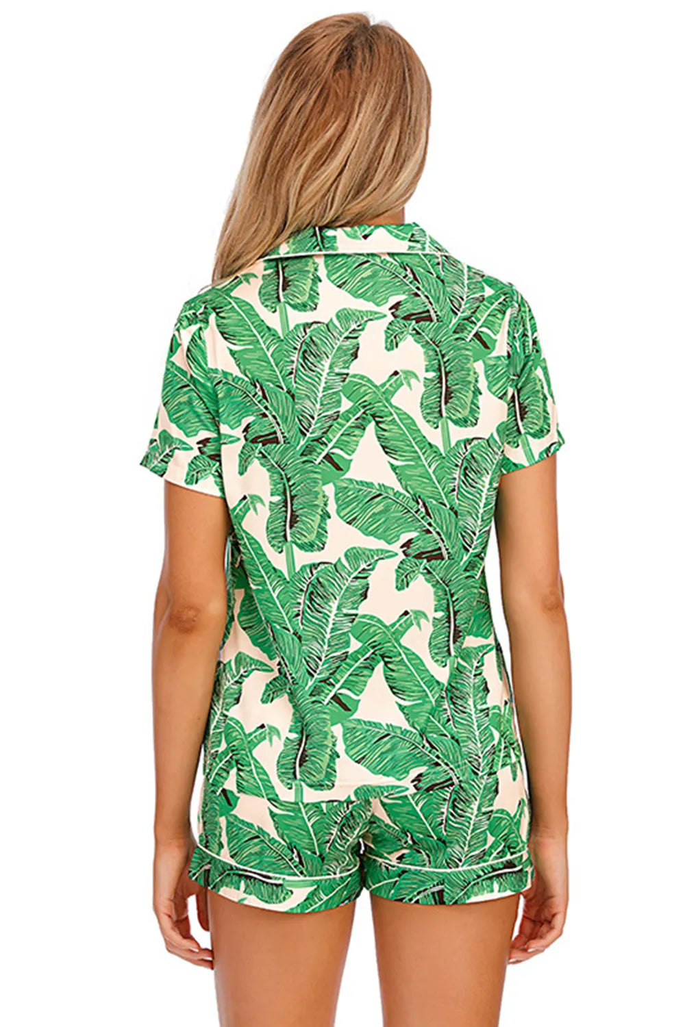 Printed Button Up Short Sleeve Top and Shorts Lounge Set in Green for Women