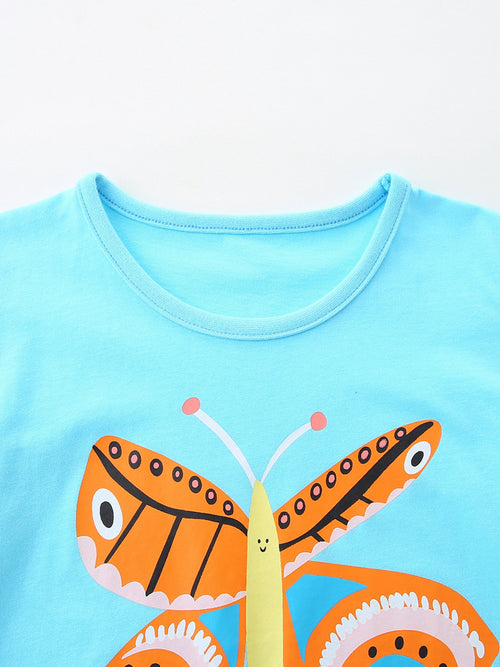 Butterfly Graphic Short Sleeve T-Shirt in Pastel Blue for Girls