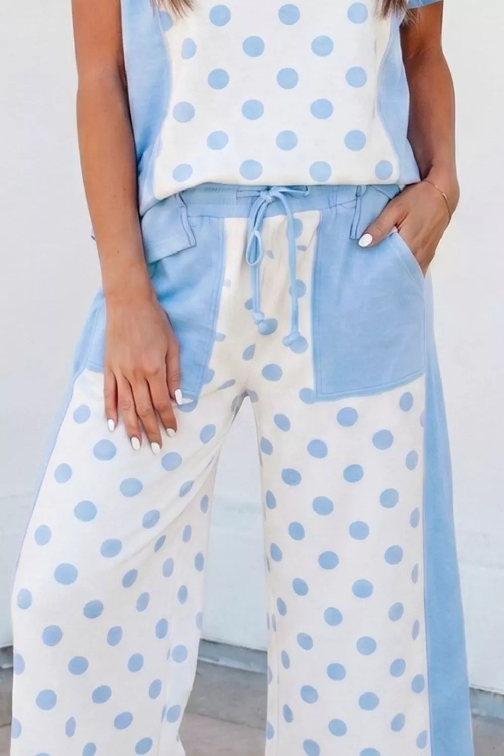 Color Block Patchwork Polka Dot Wide Leg Pant Set in Light Blue for Women