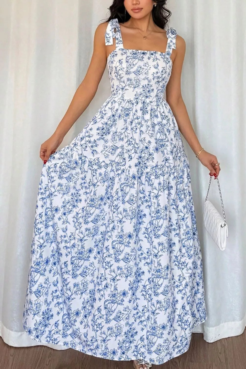 Floral Print Knot Straps High Waist Flared Maxi Dress for Women