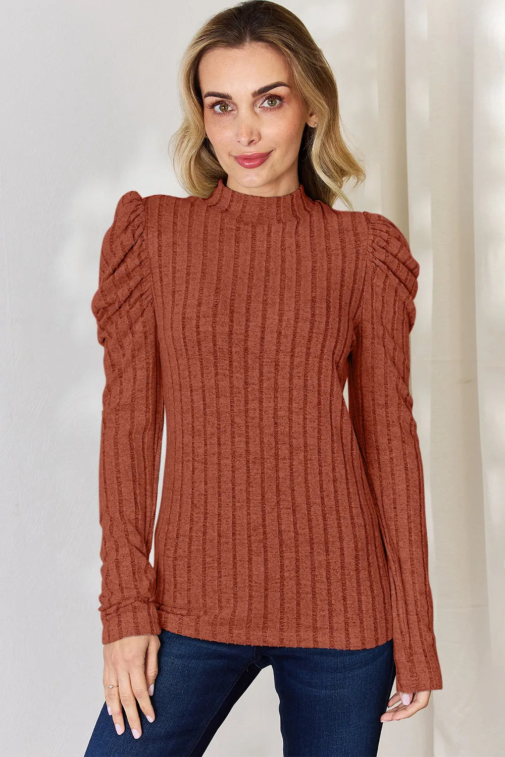Plus Size Ribbed Mock Neck Puff Sleeve T-Shirt in Rust for Women