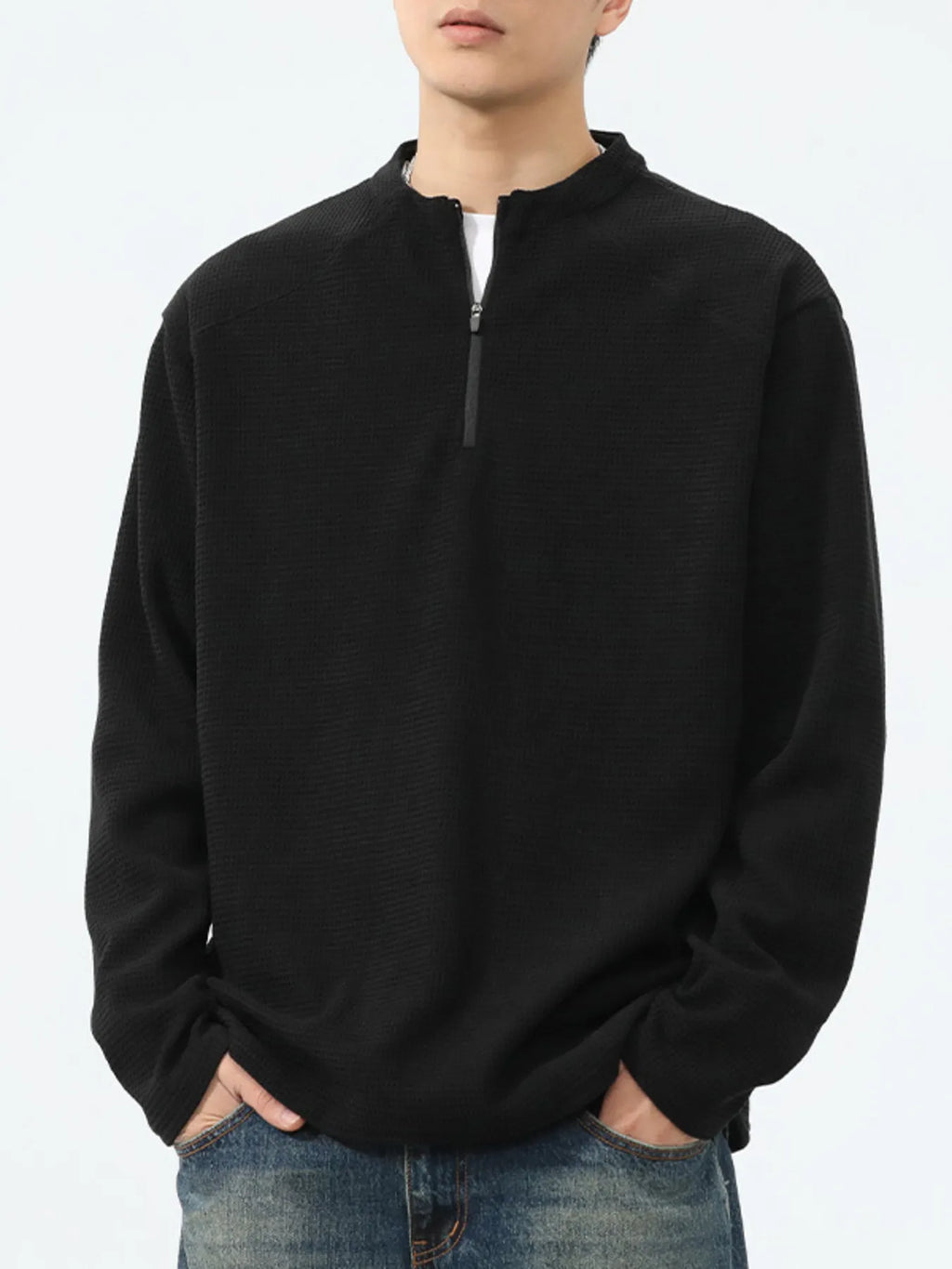 Plus Size Quarter-Zip Long Sleeve T-Shirt in Coffee for Men