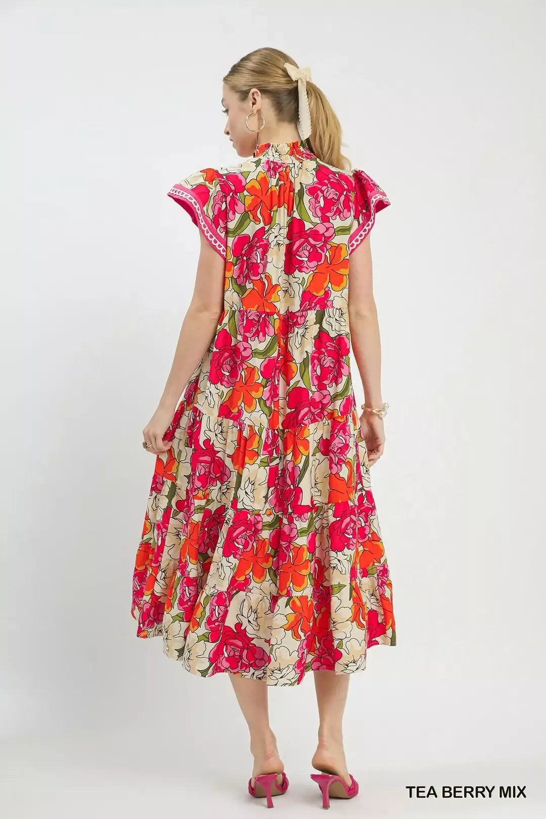Mix Bold Floral Tiered Midi Dress in Tea Berry Mix for Women