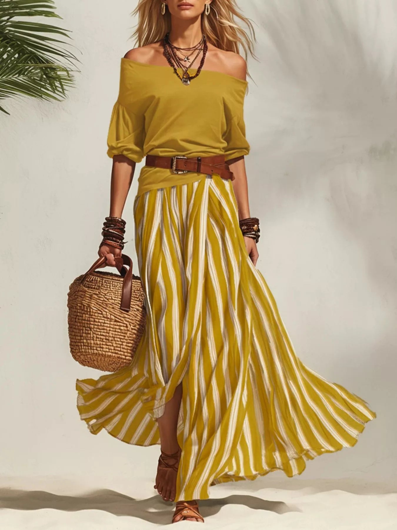 Off Shoulder Top and Striped Maxi Skirt Set in Green for Women