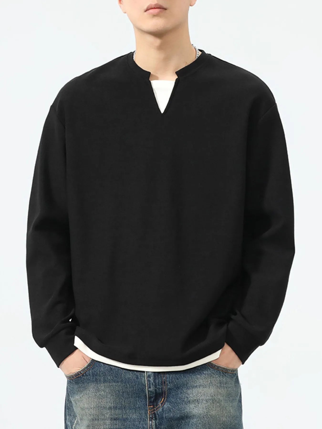 Plus Size Drop Shoulder Long Sleeve Sweatshirt in Black for Men