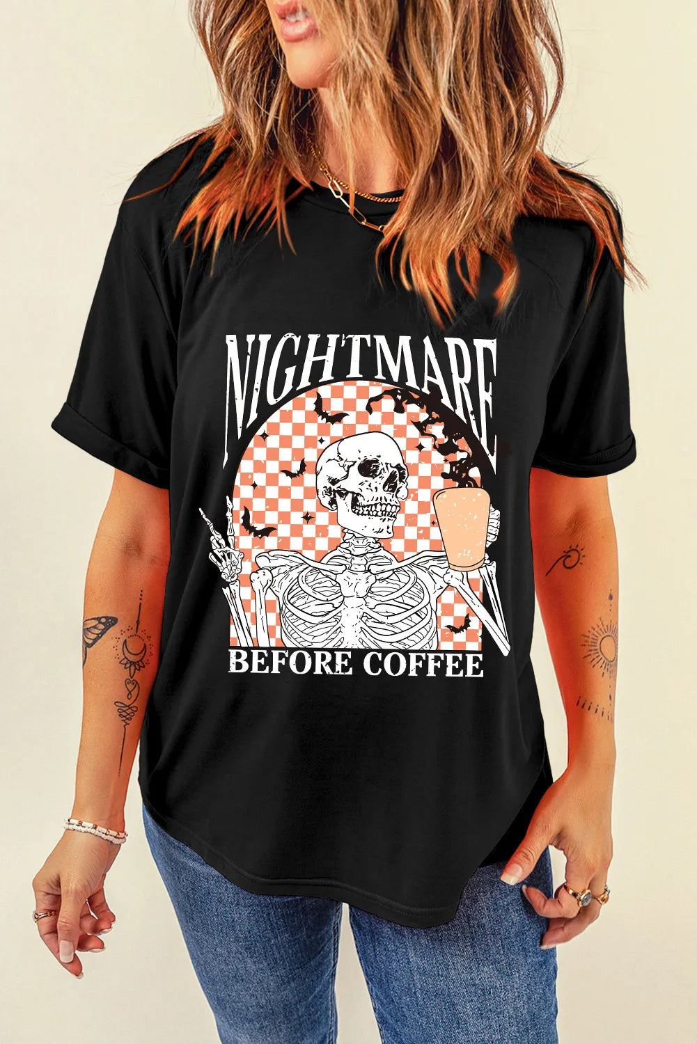 Graphic Round Neck Short Sleeve T-Shirt in Black for Women