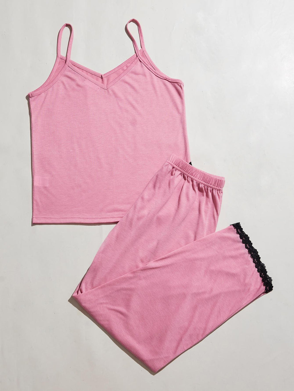 V-Neck Lace Trim Slit Cami and Pants Pajama Set in Purple for Women