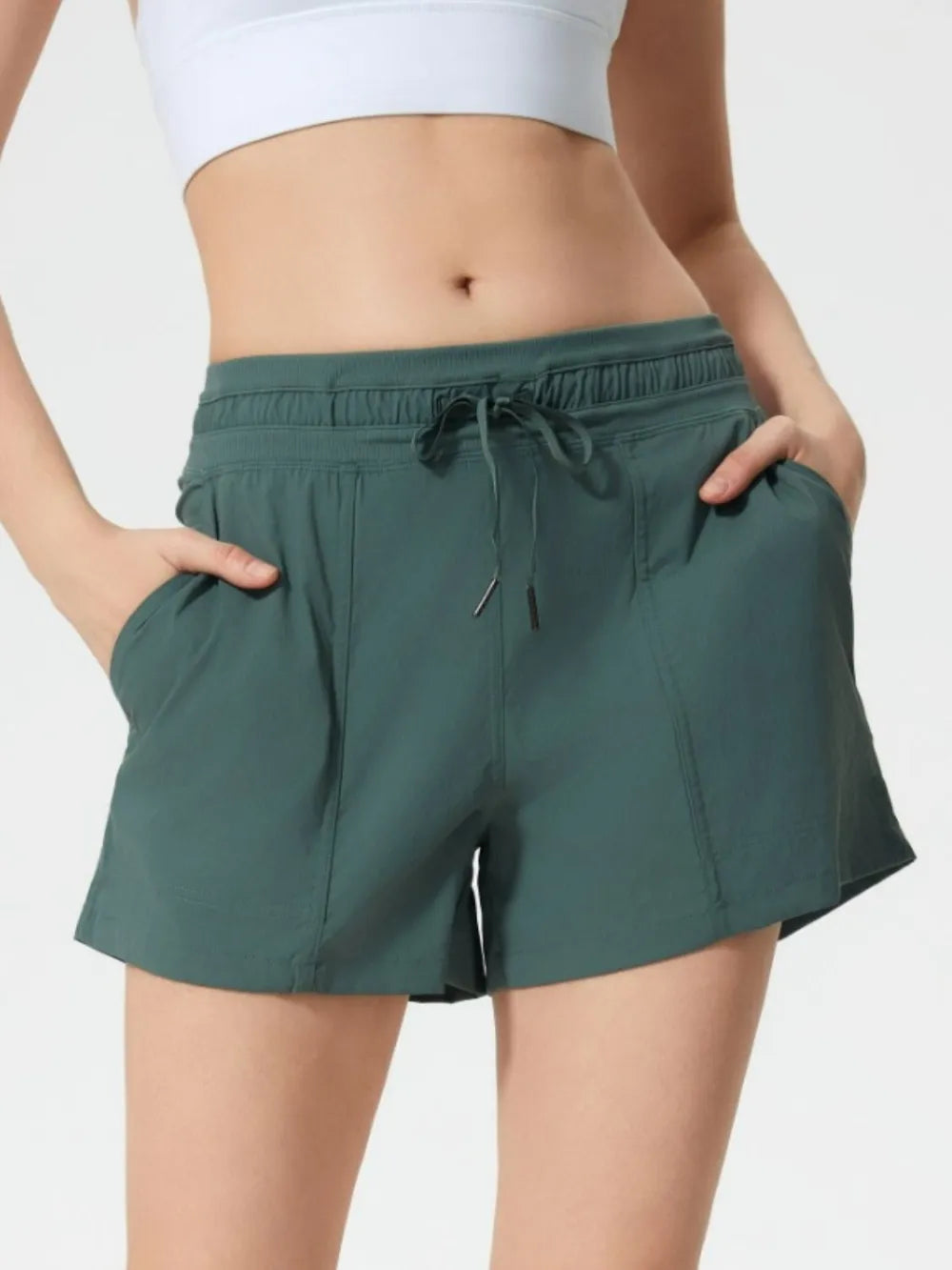 Drawstring Active Shorts with Pockets in Dark Green for Women