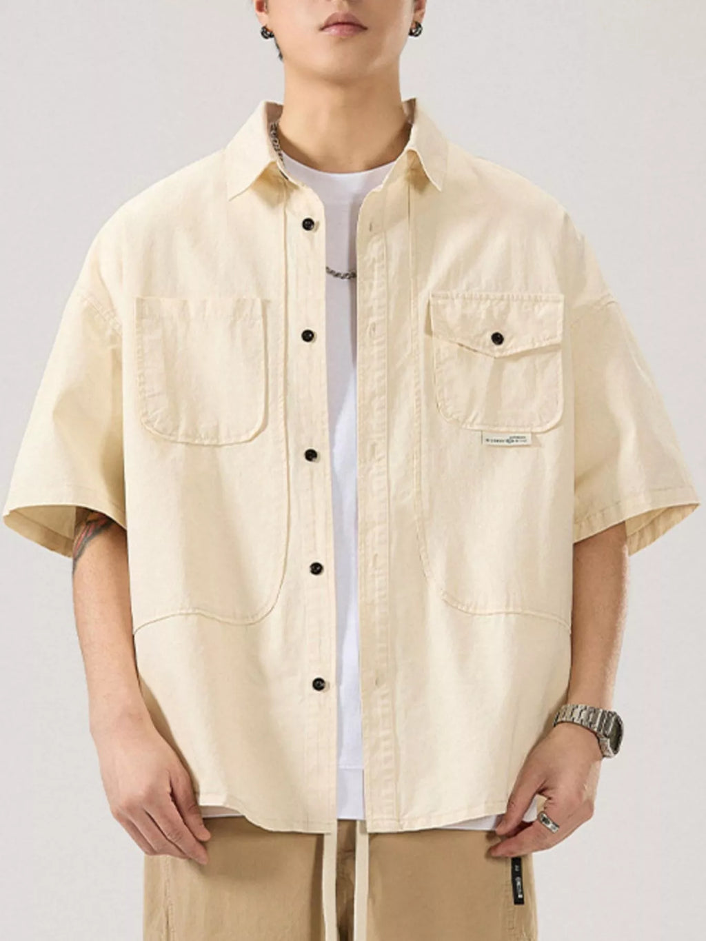 Button Up Half Sleeve Shirt Plus Size in Light Apricot in Army Green for Men