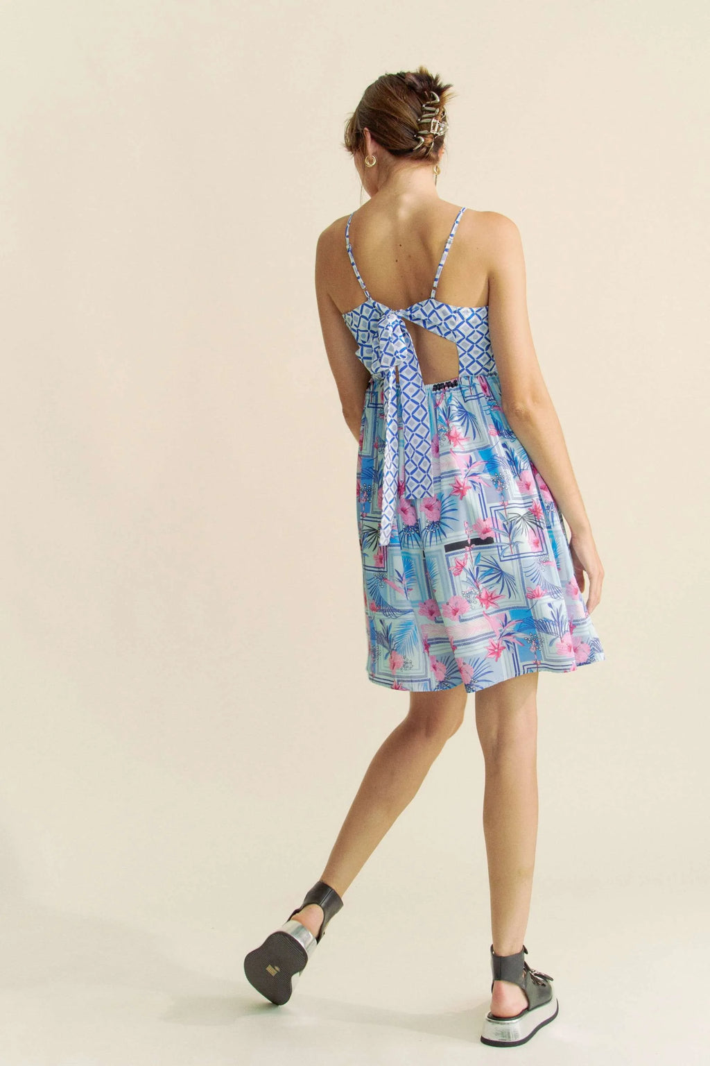 Tropical Floral Geo Print Tie Back Tube Top Romper for Women
