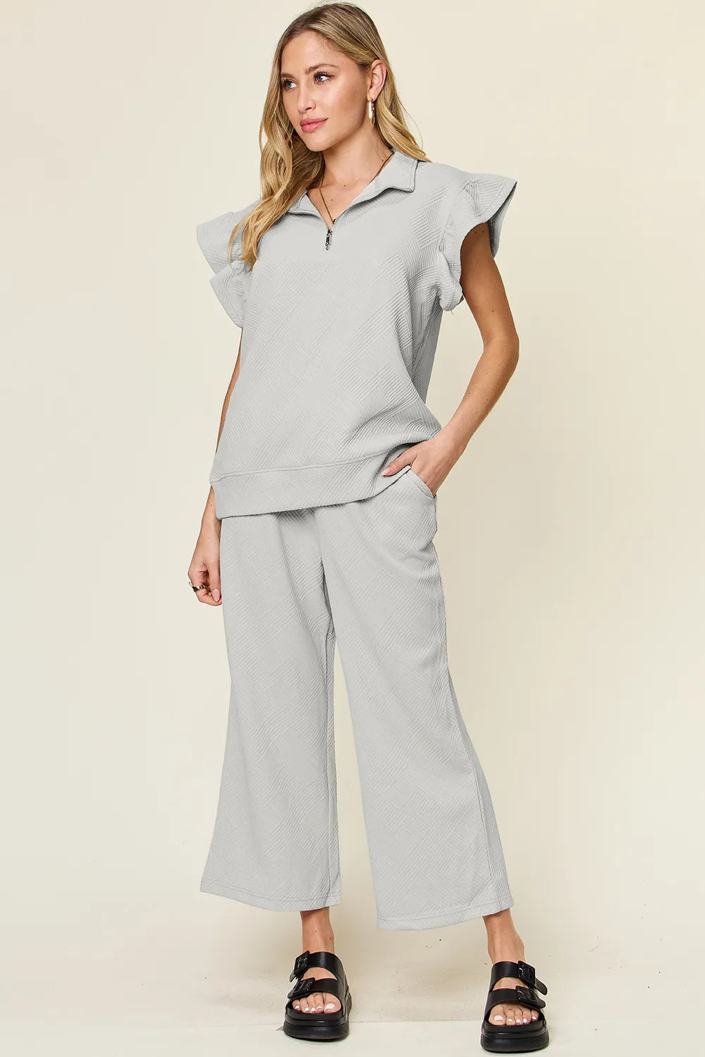 Texture Ruffle Short Sleeve Top and Drawstring Wide Leg Pants Set in Cerulean for Women