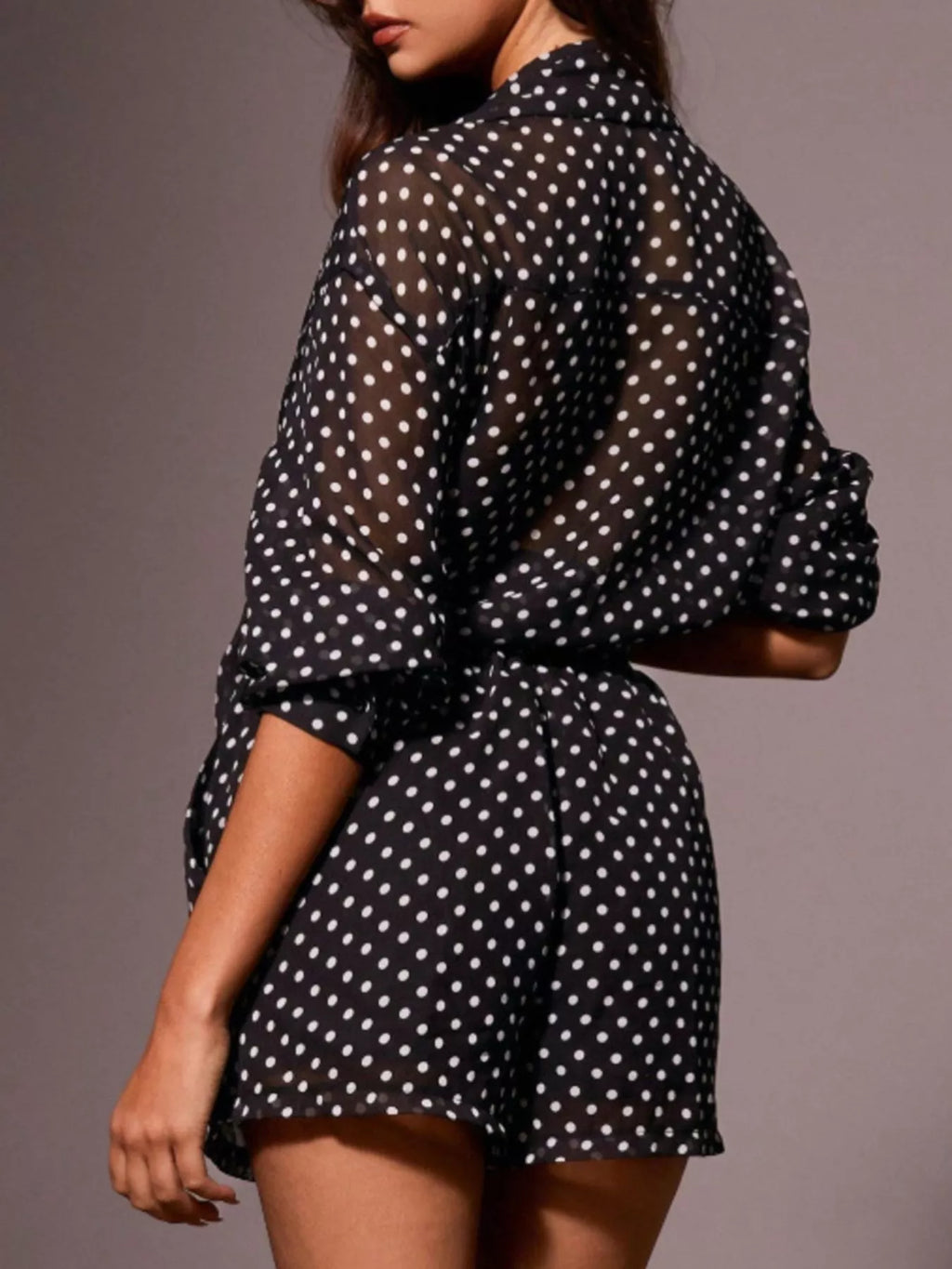Polka Dot Button Up Shirt and Shorts Set in Black for Women