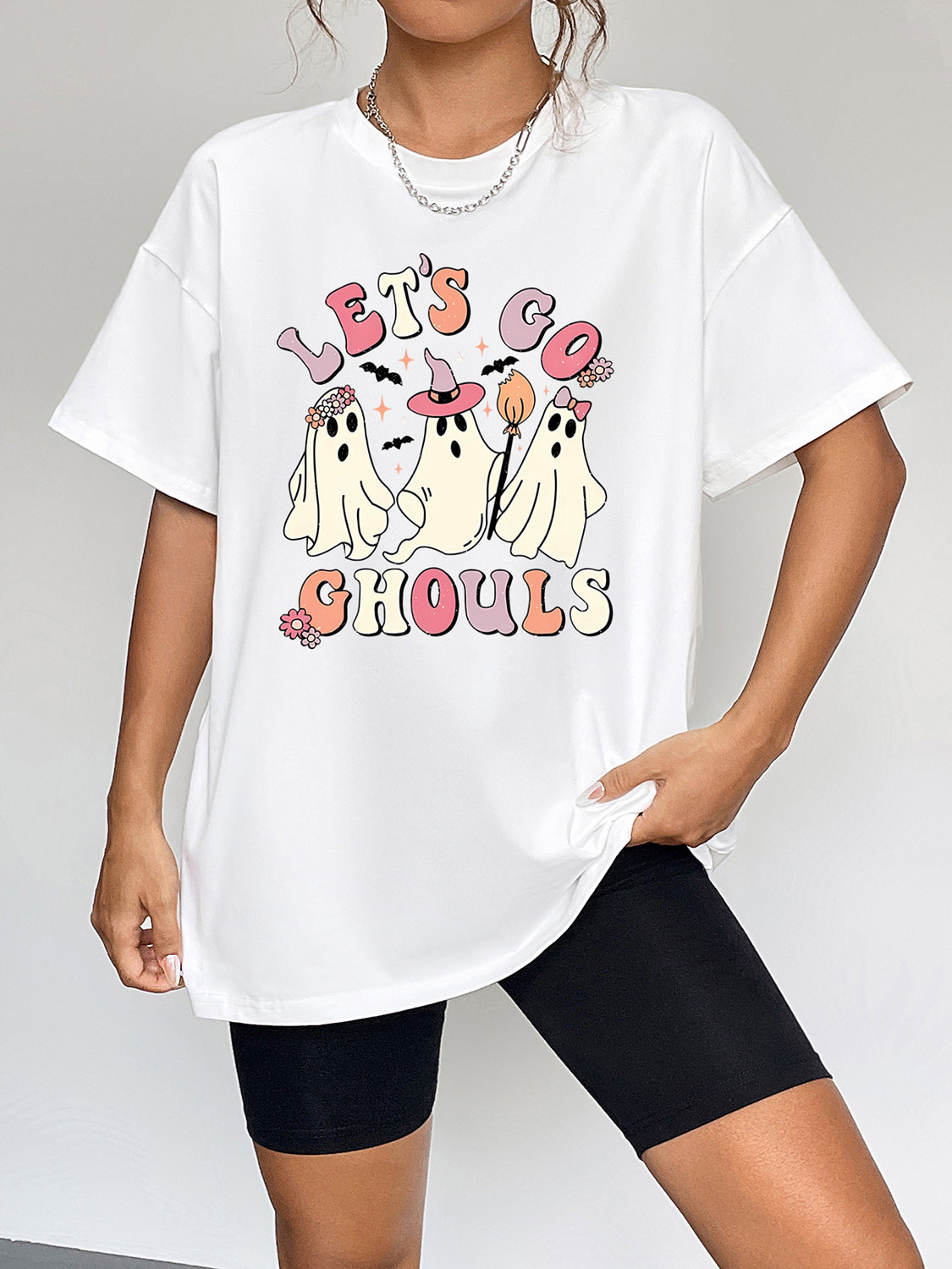 Round Neck Short Sleeve Lets Go Ghouls Graphic T-Shirt in White for Women