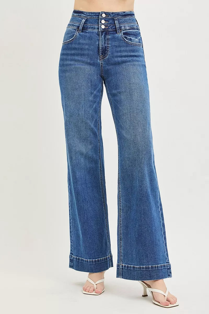 High Rise Wide Leg Wide Band Detail Jeans in Dark for Women