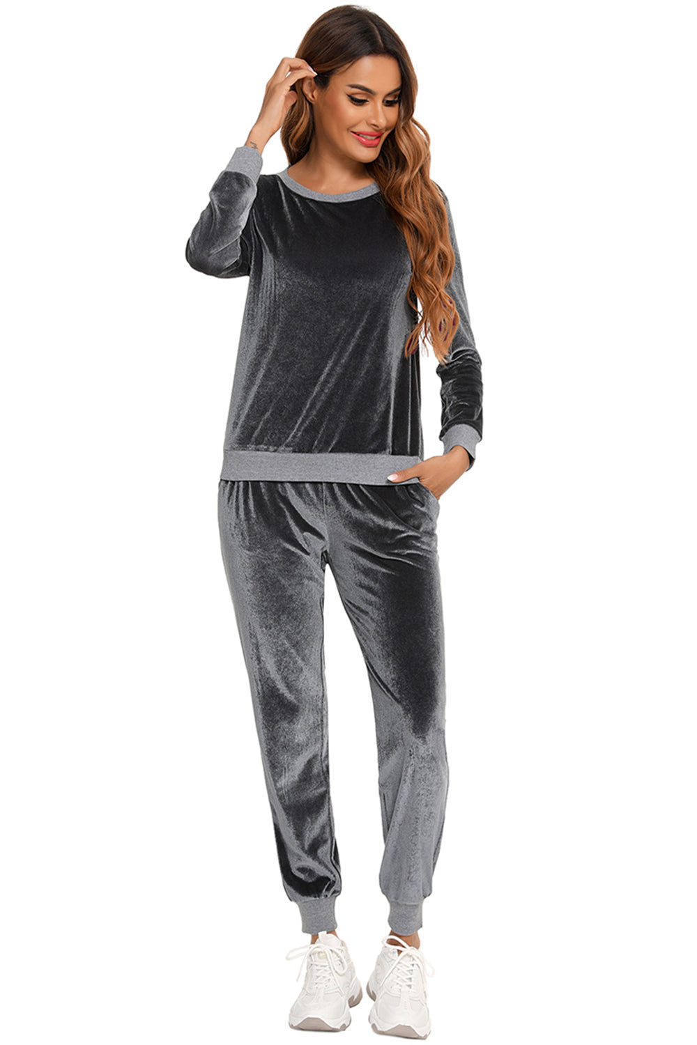 Round Neck Long Sleeve Loungewear Set with Pockets in Charcoal for Women