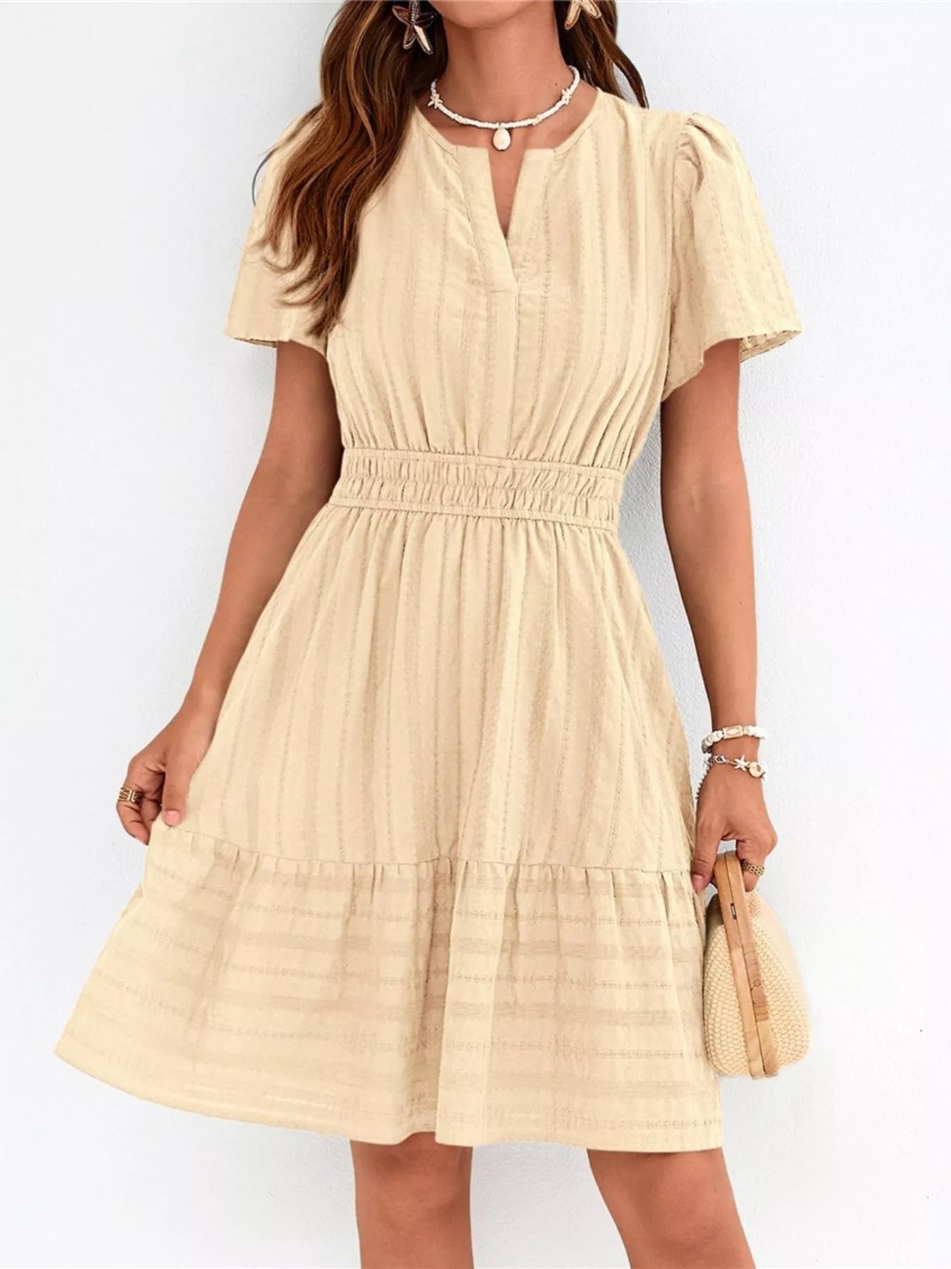 Short Sleeve Smocked Waist Tiered Dress in Army Green for Women