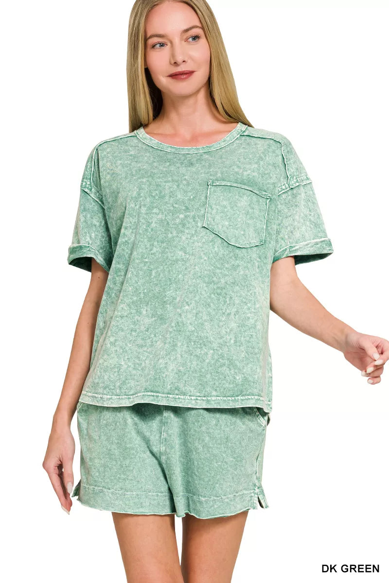 Halo Snow Washed Exposed Seam Top & Shorts Set in Dark Green for Women