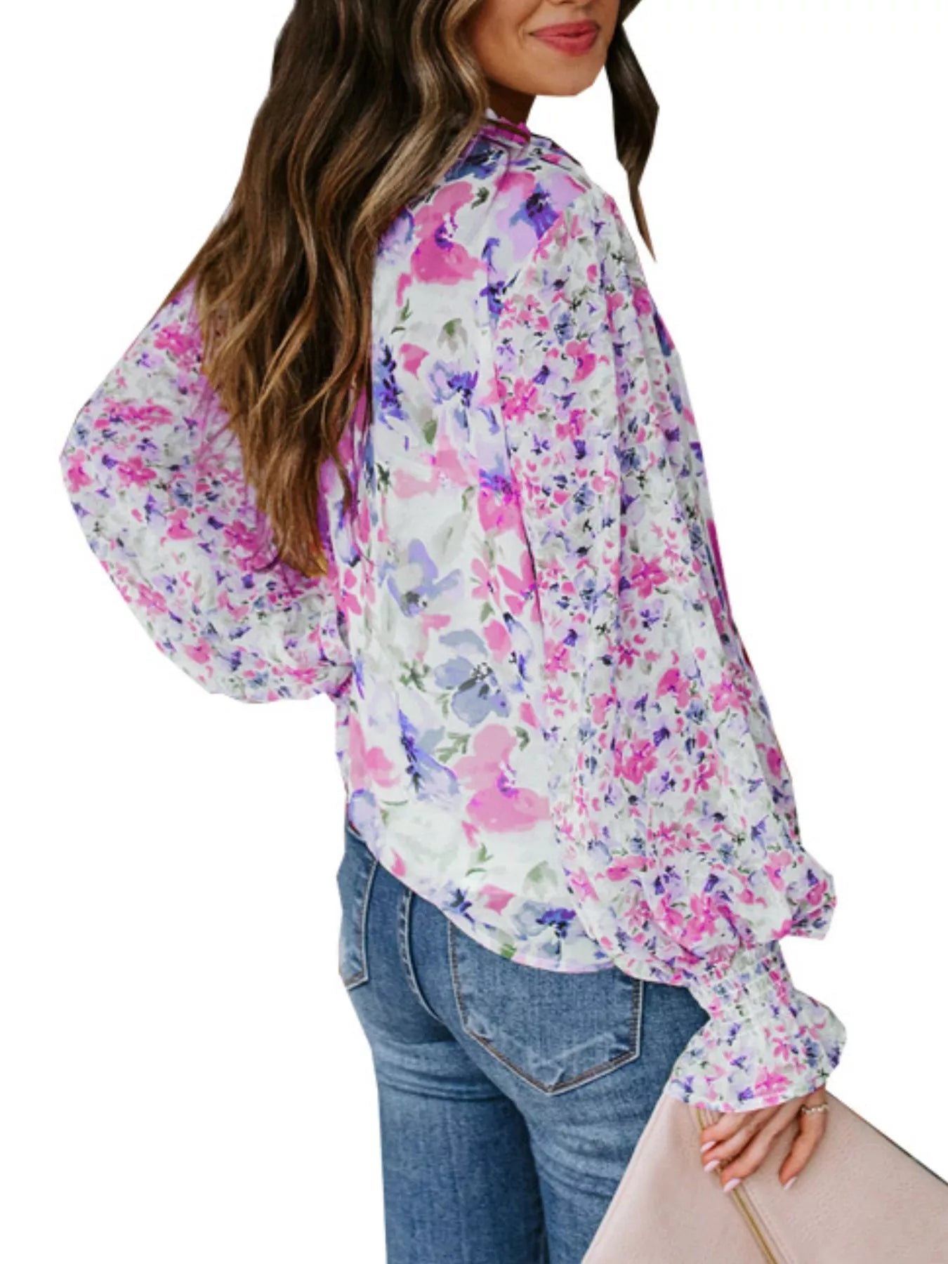Floral Print Smocked Cuff Blouse Plus Size in Pink for Women