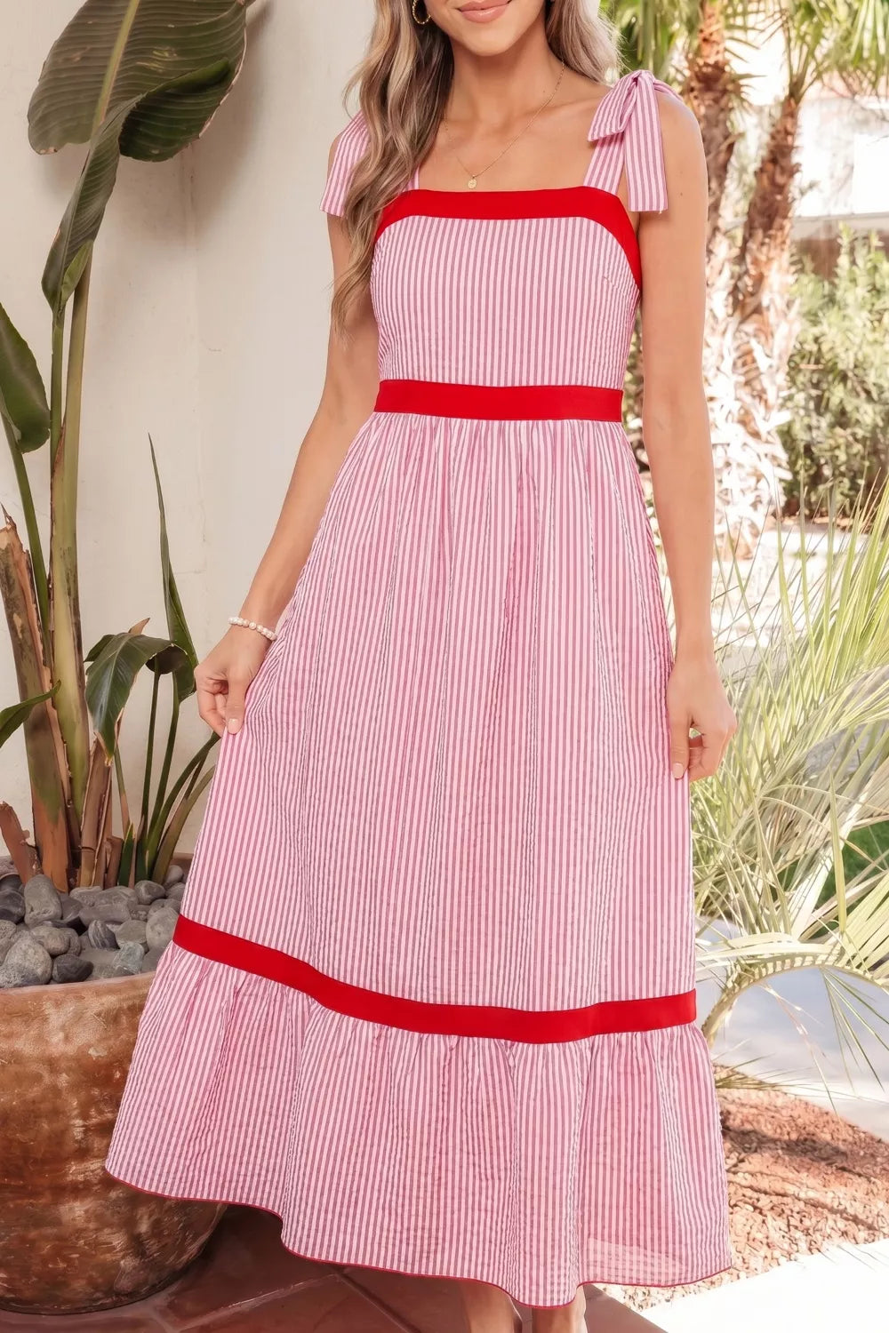Stripe Bow Knot Straps Contrast Trim High Waist Ruffle Hem Maxi Dress for Women