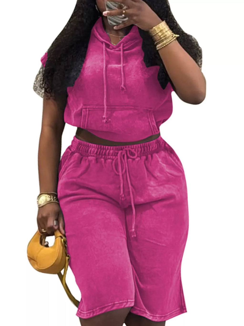 Hooded Crop Top and Shorts Set in Rose Red for Women