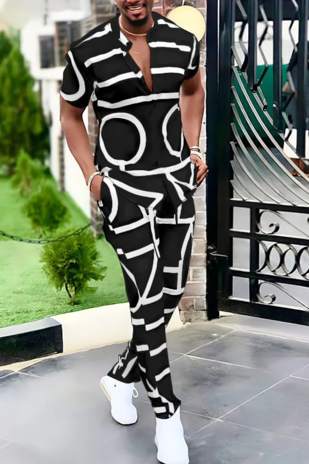 Geo Print Short Sleeve Top and Pants Set Plus Size in White for Men