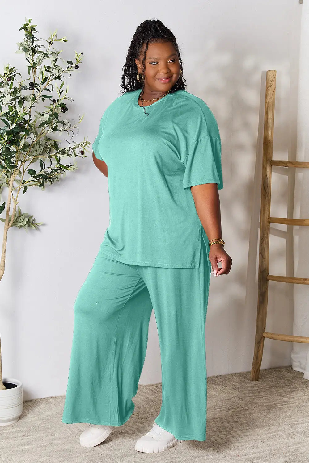 Plus Size Round Neck Slit Top and Pants Set in Teal for Women