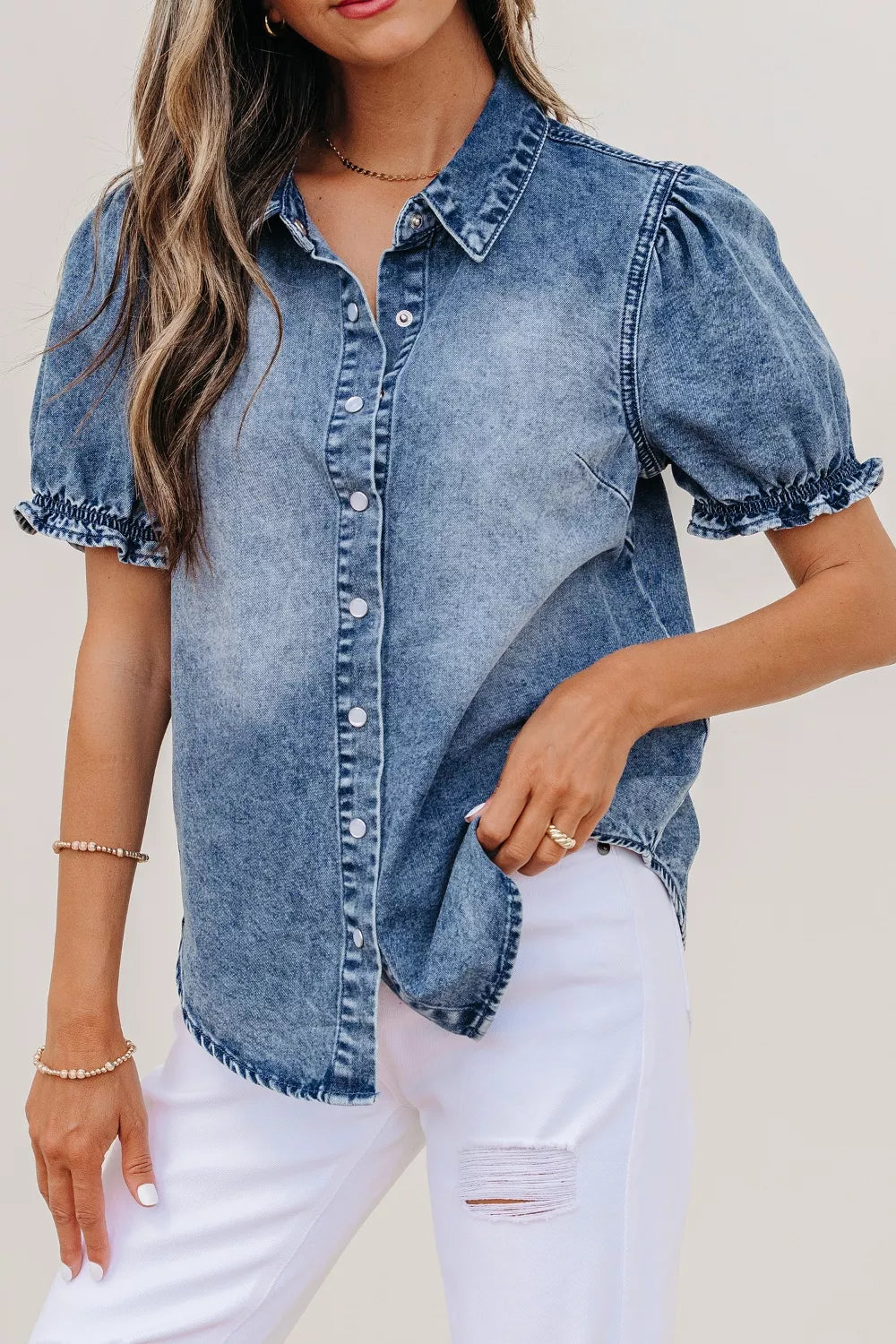 Frilled Short Sleeve Snap Button Denim Shirt in Medium for Women