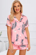 Printed Button Up Short Sleeve Top and Shorts Lounge Set in Pink for Women