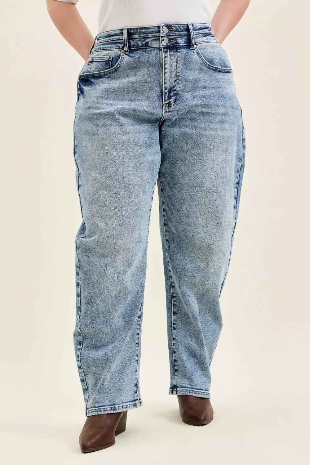 High Waist Marlow Arc Leg Jeans with Double Waistband Plus Size in Light for Women