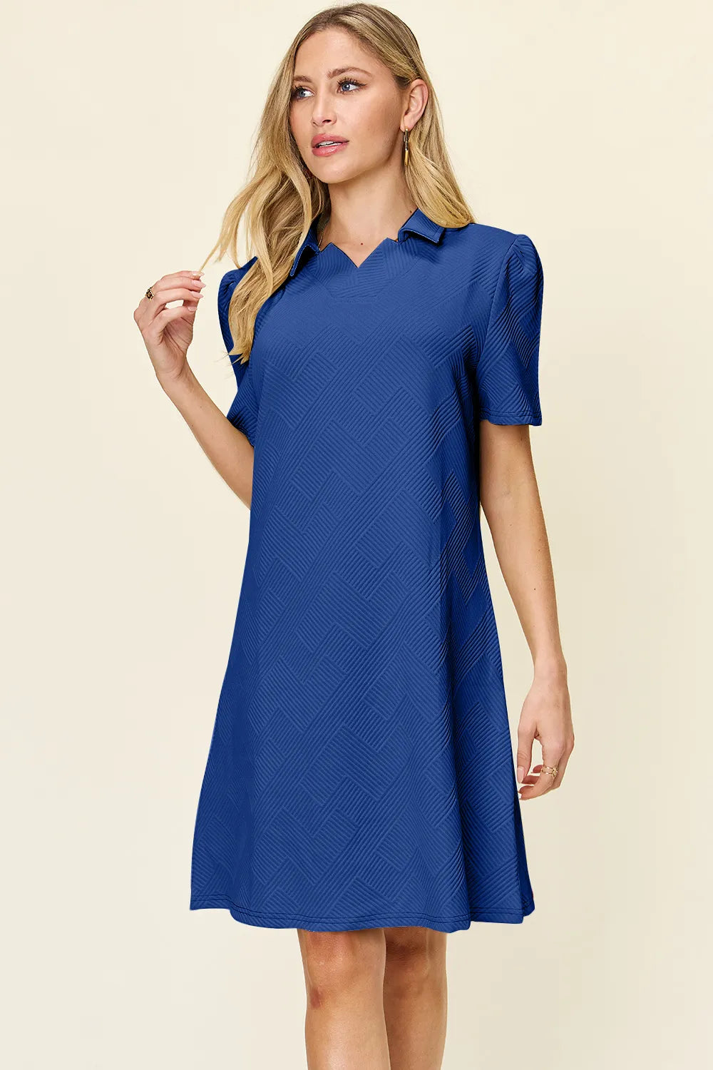 Plus Size Texture Collared Neck Short Sleeve Dress in Tangerine for Women