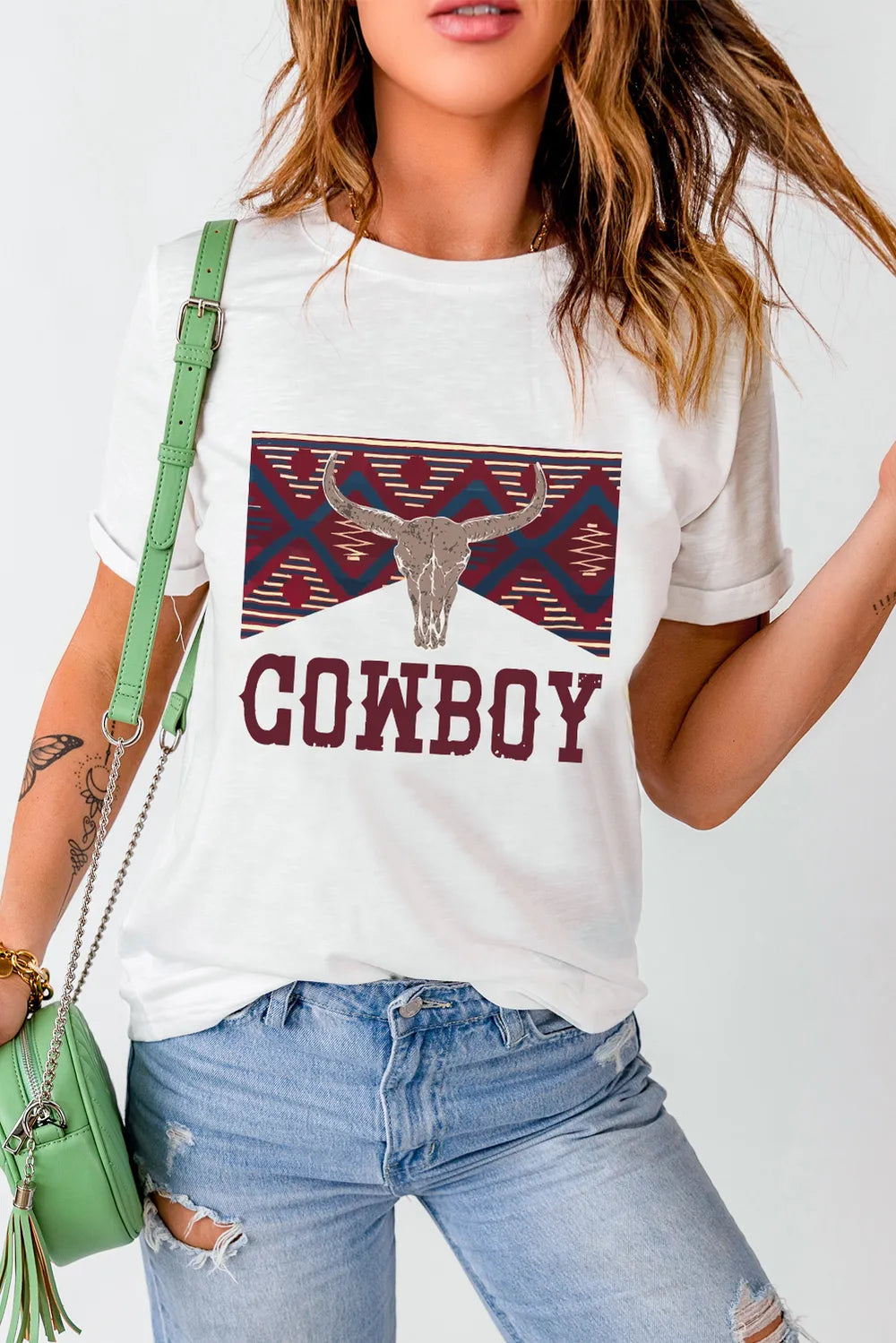 Graphic Round Neck Short Sleeve T-Shirt in Relaxed in White for Women