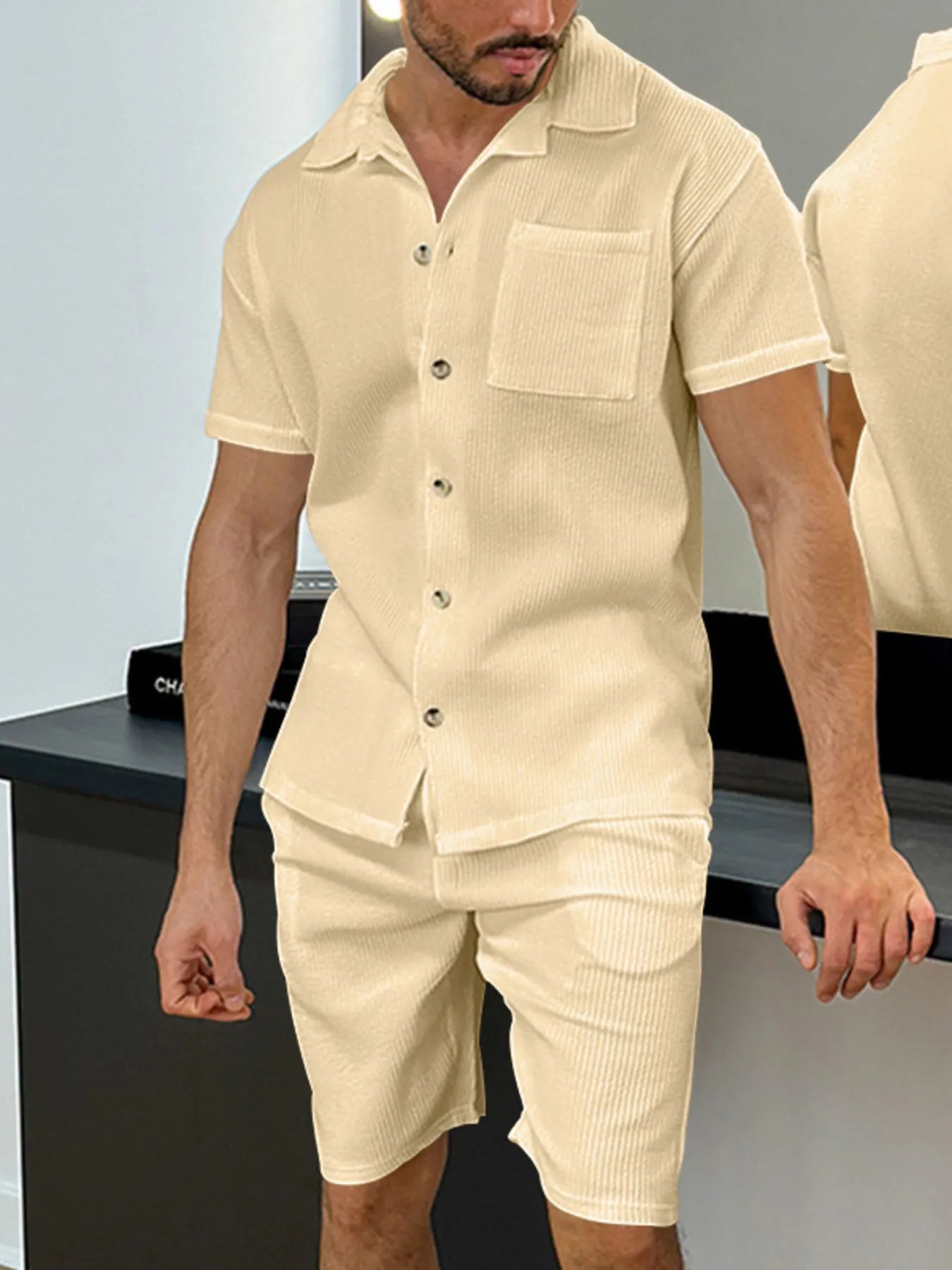 Button Up Top and Shorts Set Plus Size in White for Men