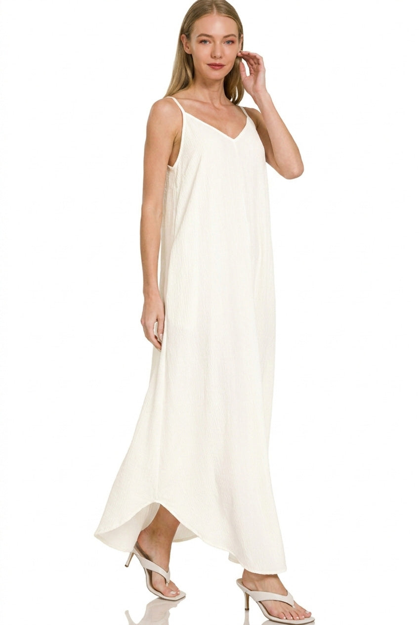 Woven Crinkle Cami Maxi Dress with Side Pockets in Ivory for Women