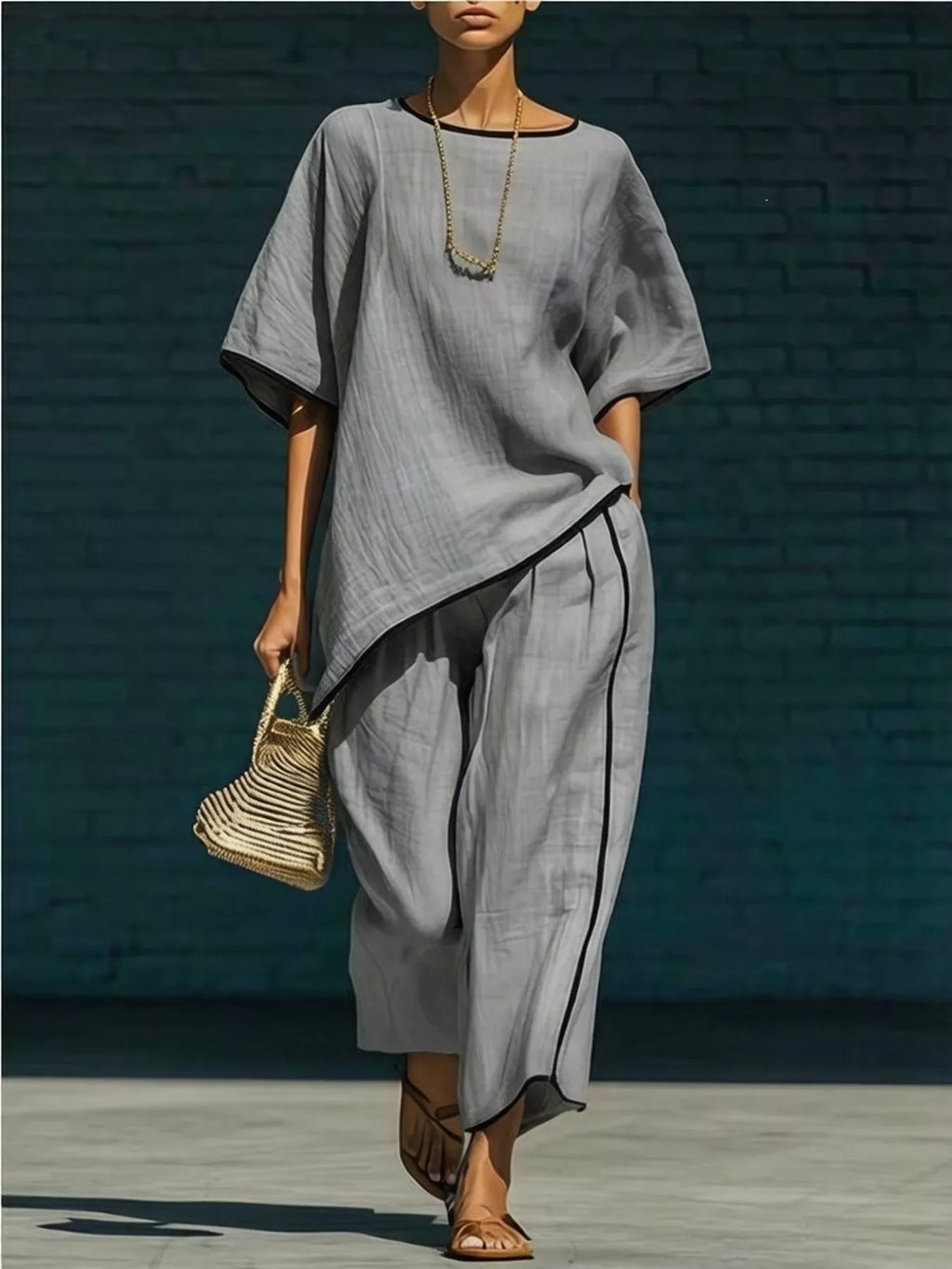 Contrast Trim Round Neck Top and Pants Set in Sky Blue for Women