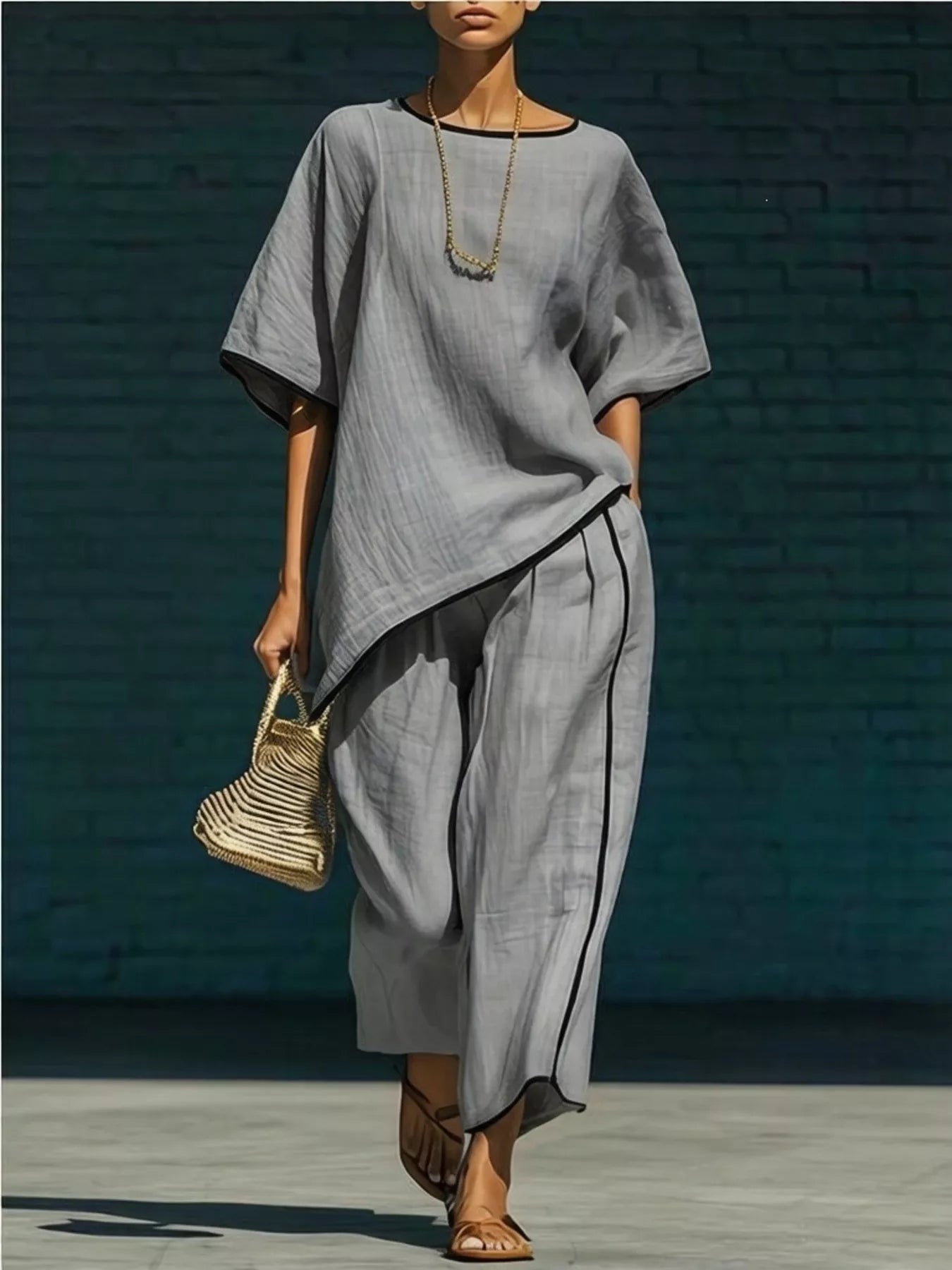 Contrast Trim Round Neck Top and Pants Set in Sky Blue for Women