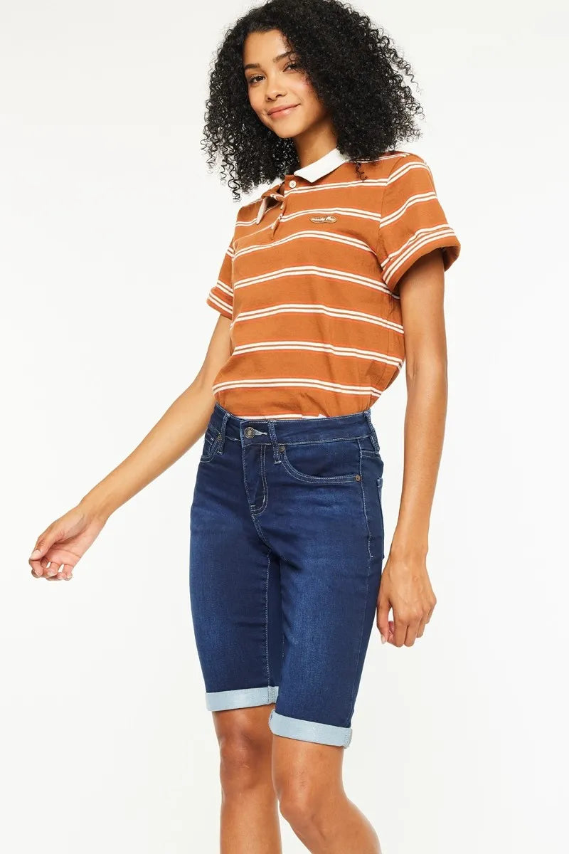 Mid Rise Bermuda Denim Shorts in Dark for Women