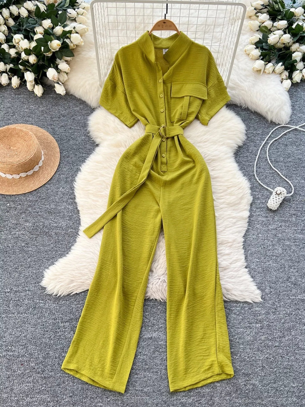 Red Button Front Wide Leg Jumpsuit for Women