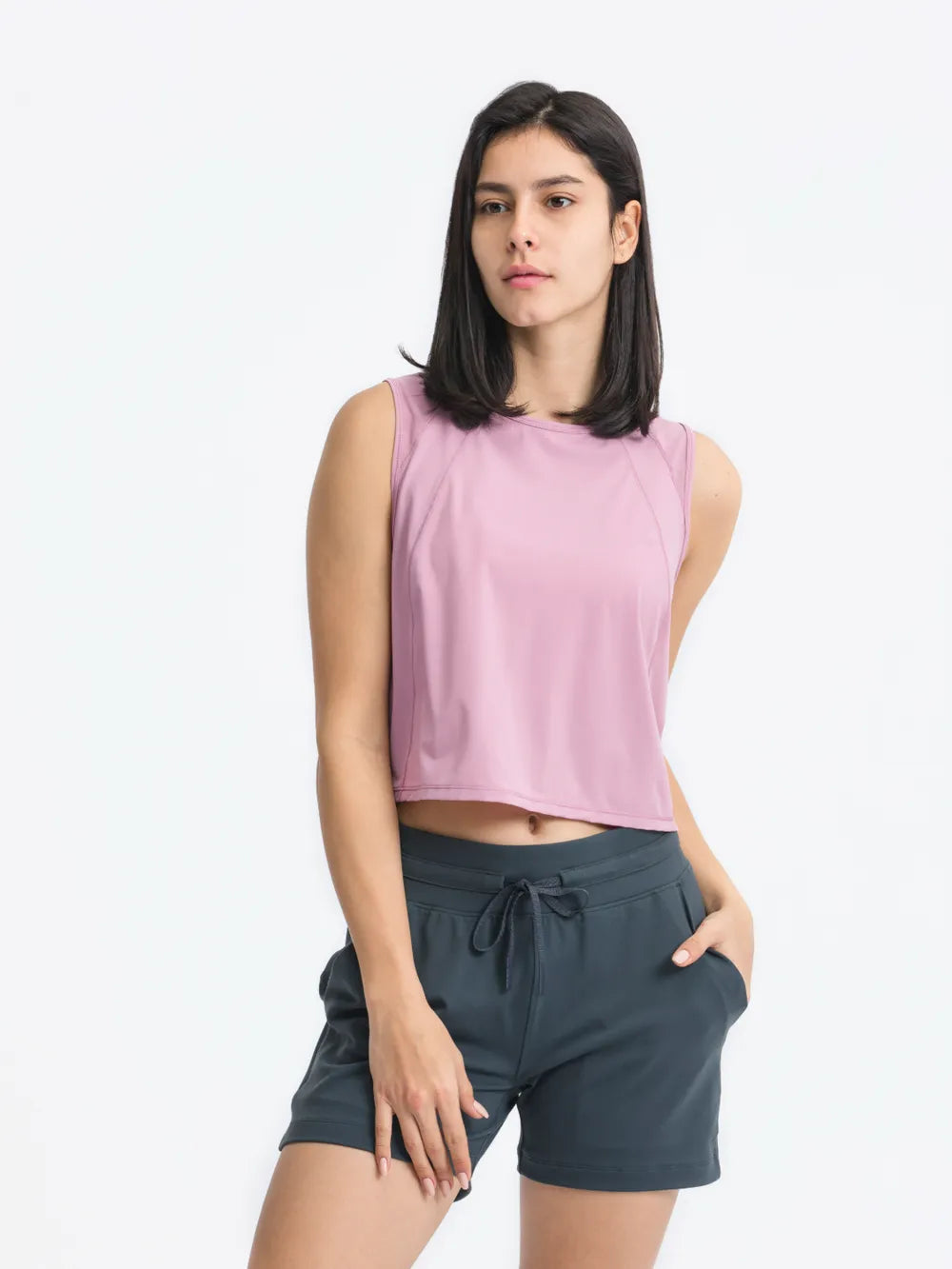Round Neck Cropped Active Tank in Dusty Pink for Women