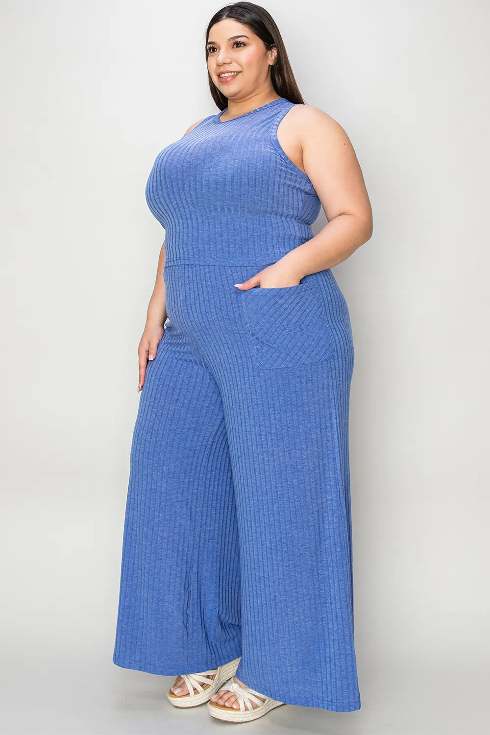 Plus Size Ribbed Tank and Wide Leg Pants Set in Dark Brown for Women