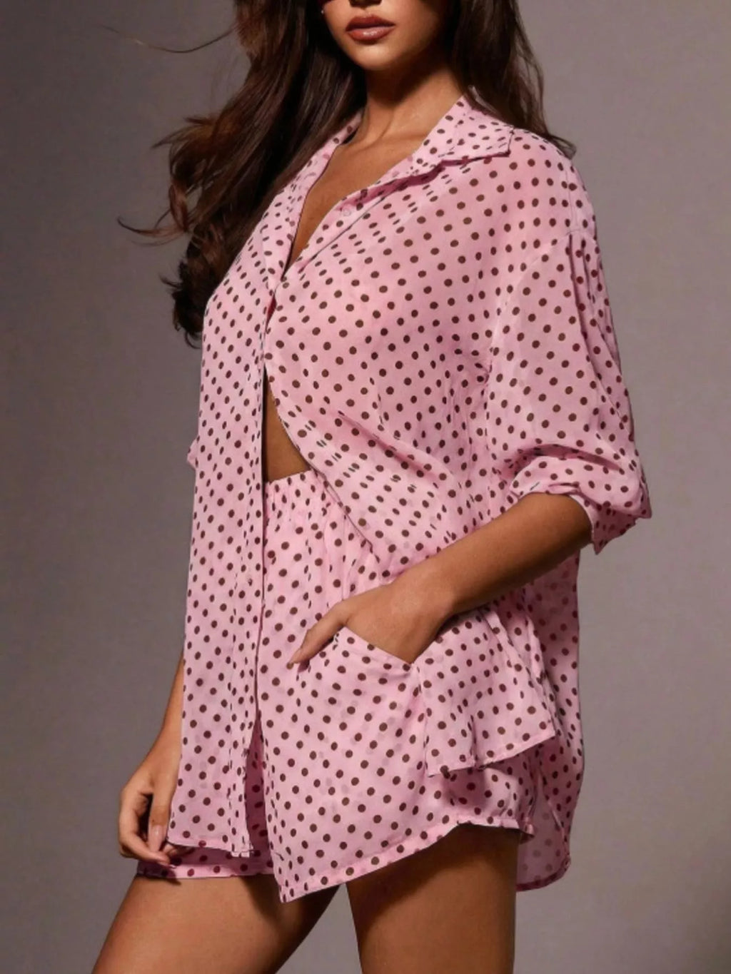 Polka Dot Button Up Shirt and Shorts Set in Pink for Women