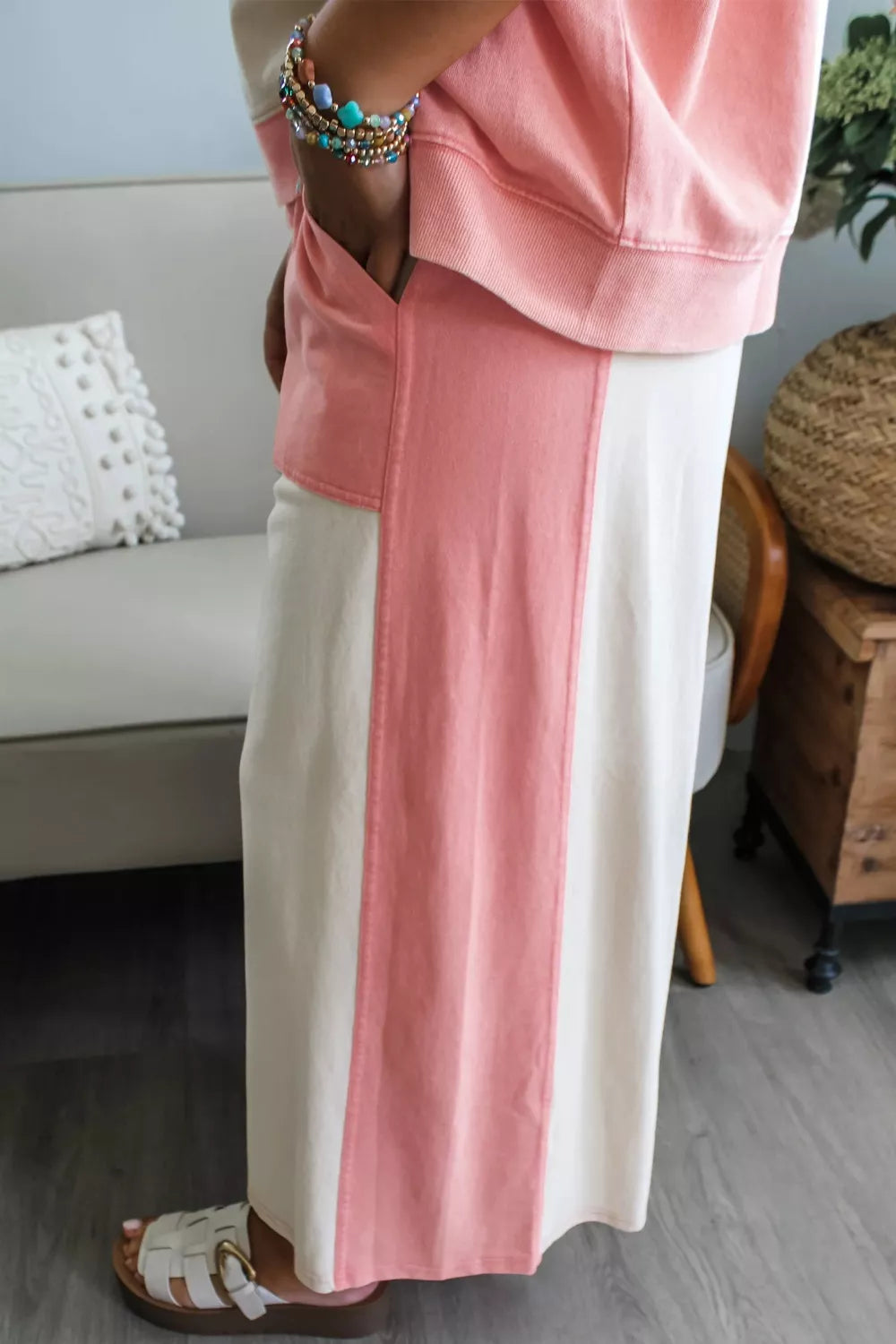 Two-Tone Color Block Patchwork Tee Drawstring Loose Pant Set in Pale Blush for Women