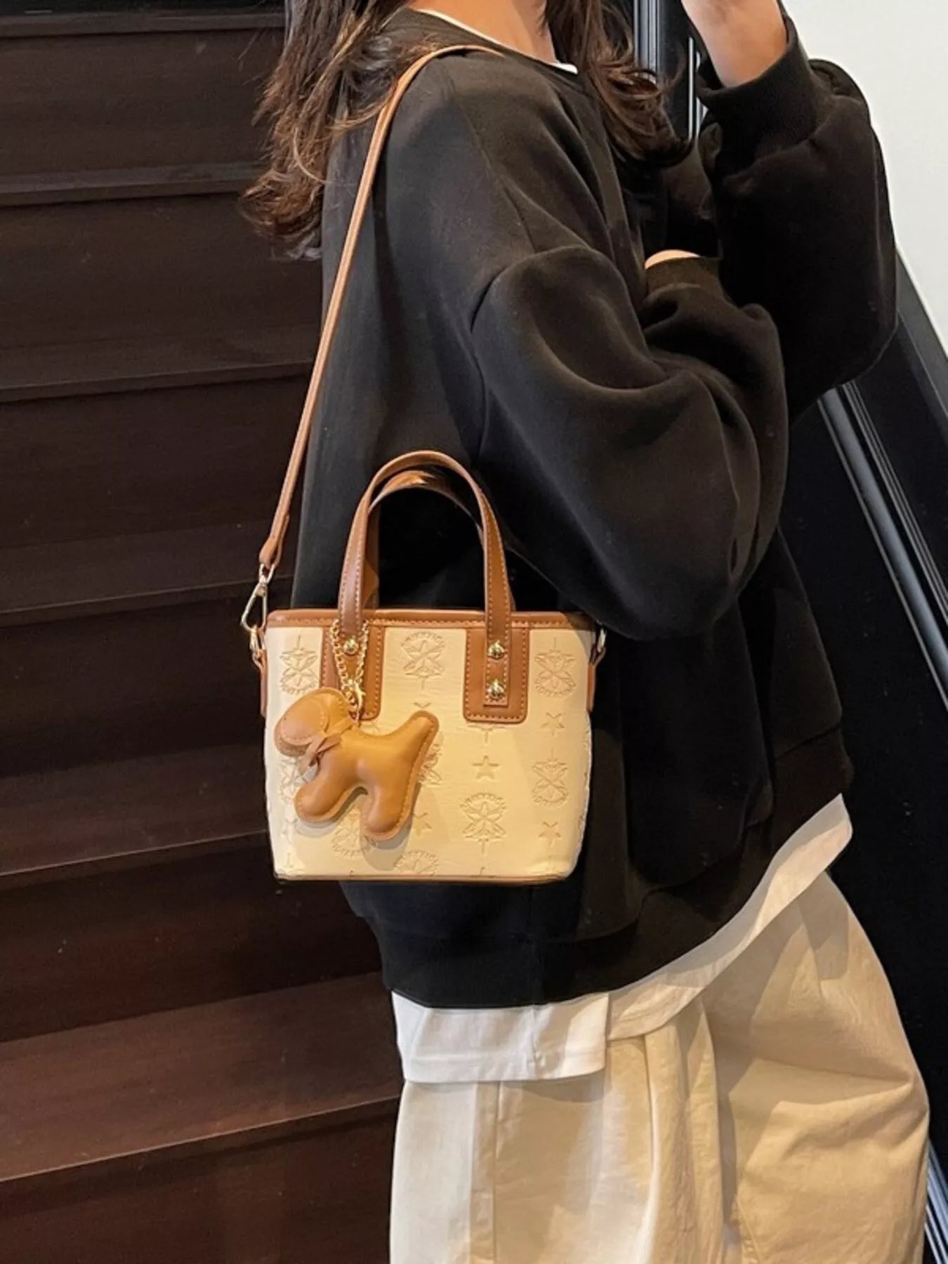 Embossed Pattern Dog Charm Crossbody Bag for Women