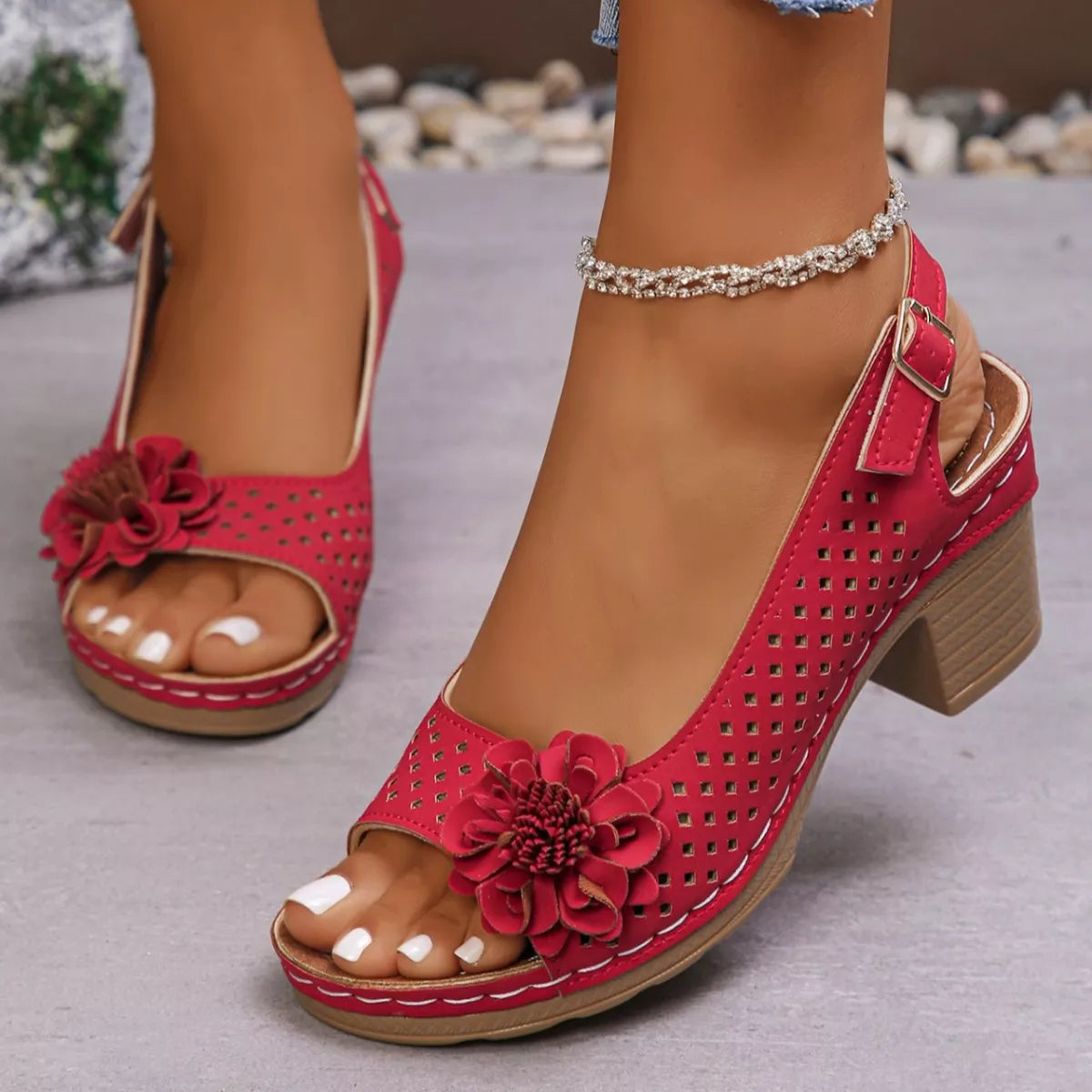 Floral Accent Block Heel Sandals in Red for Women
