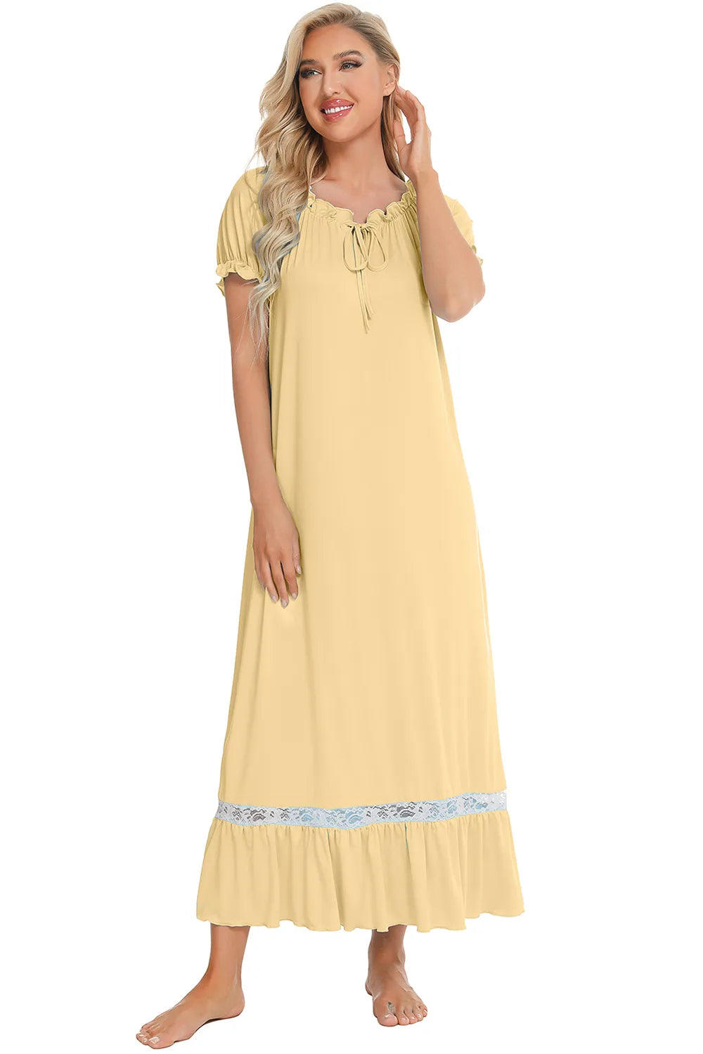 Lace Detail Short Sleeve Lounge Dress in Light Green for Women