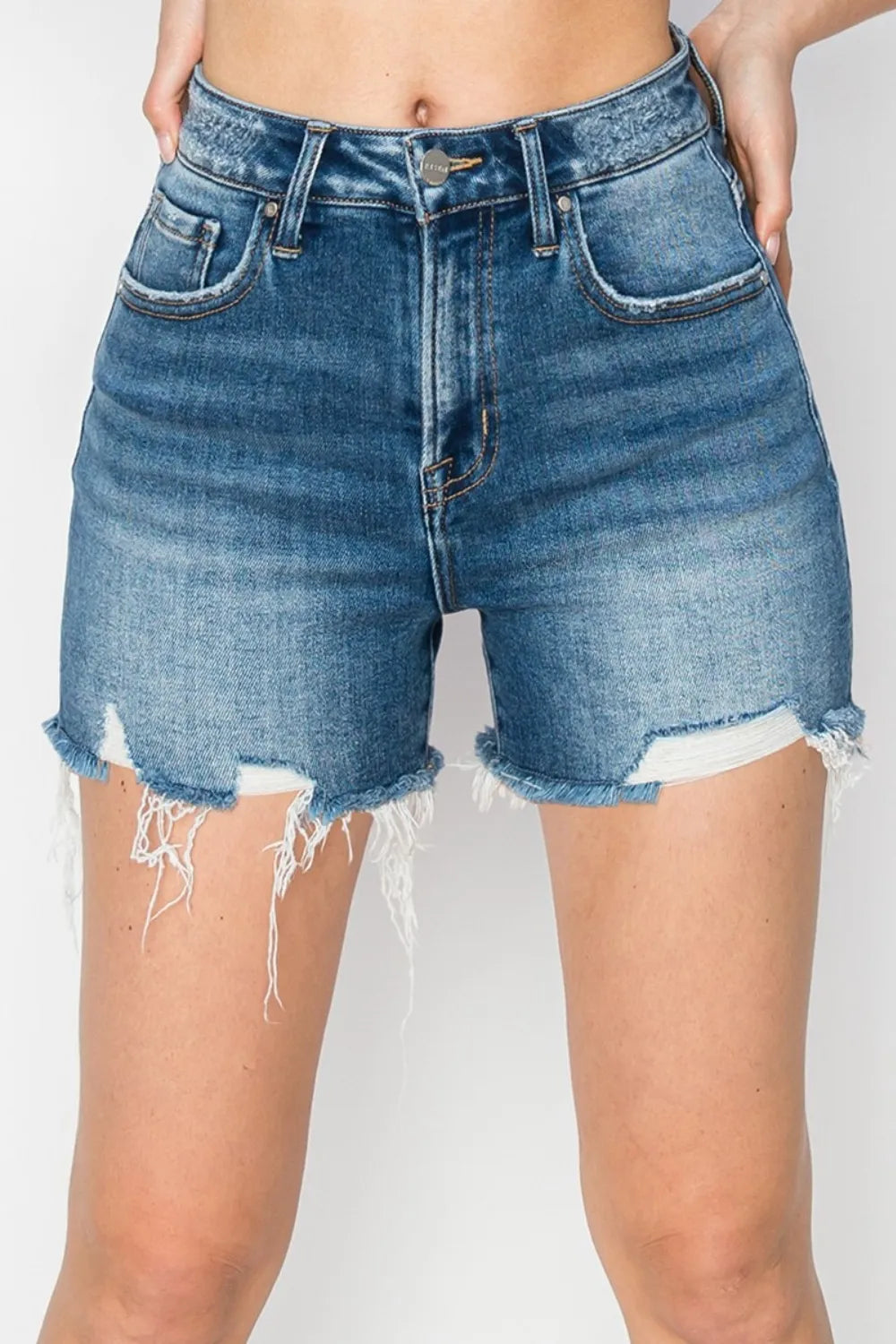 High Rise Raw Hem Distressed Denim Shorts for Women