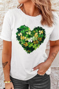 Clover Heart Round Neck Short Sleeve T-Shirt in White for Women