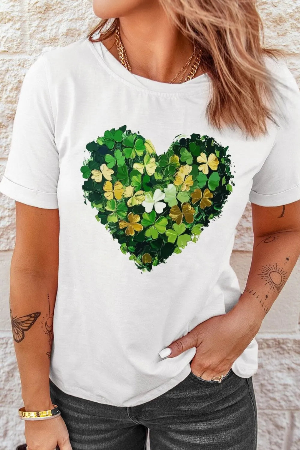 Clover Heart Round Neck Short Sleeve T-Shirt in White for Women