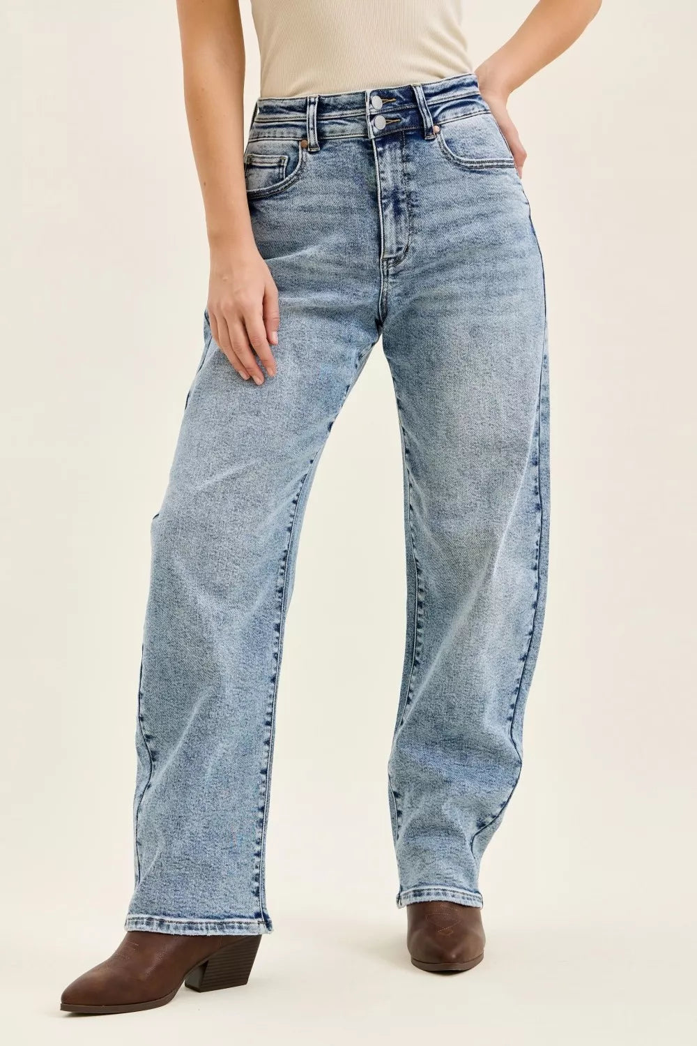 High Waist Marlow Arc Leg Jeans with Double Waistband Plus Size in Light for Women