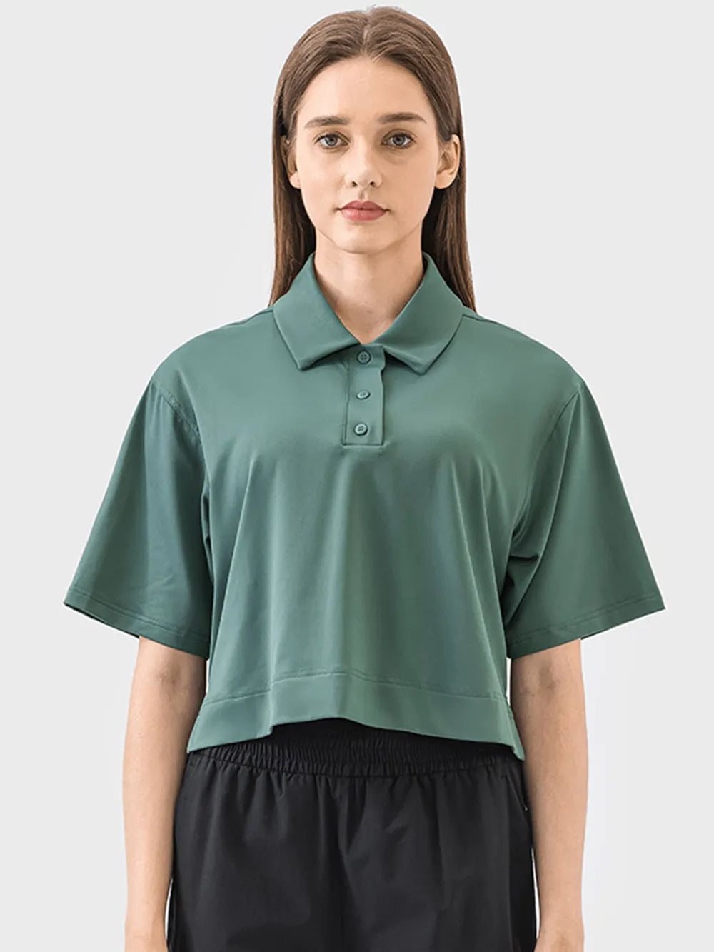 Half Button Short Sleeve Active T-Shirt in Turquoise for Women