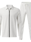 Zip Up Top and Pants Set Plus Size in White for Men